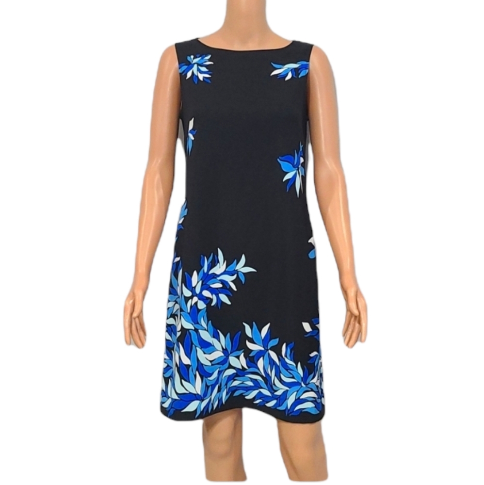 Jessica Howard Sheath Dress Sz 8 Sleeveless Black Blue‎ & White Design Polyester